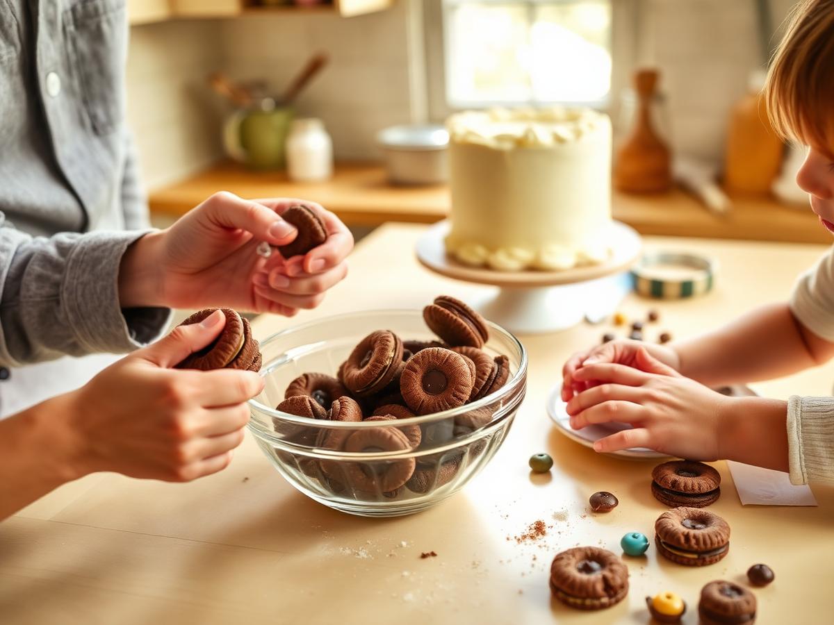 Children's hands crushing chocolate cookies in a bowl while a parent holds it steady